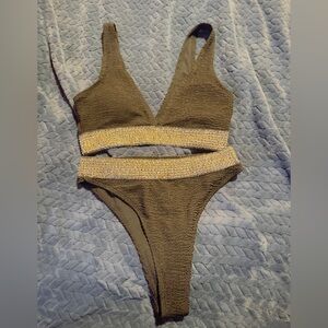 Brown Textured Bikini with Gold Accents